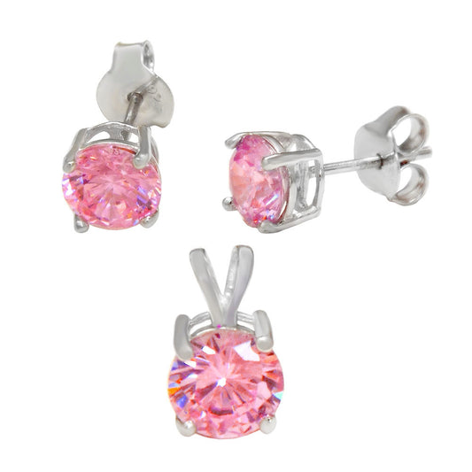 Sterling Silver Round Pink CZ Earrings Pendant Set