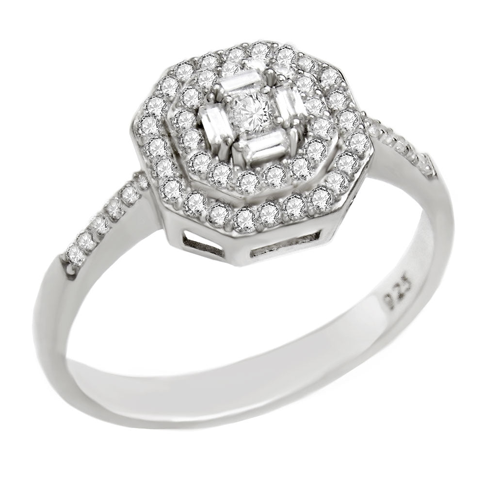 Pavé-Set Layered Octagon Cubic Zirconia Engagement Ring