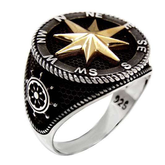 Sterling Silver Anchor Marine Wheel Oxidized Ring W Gold Brass Compass