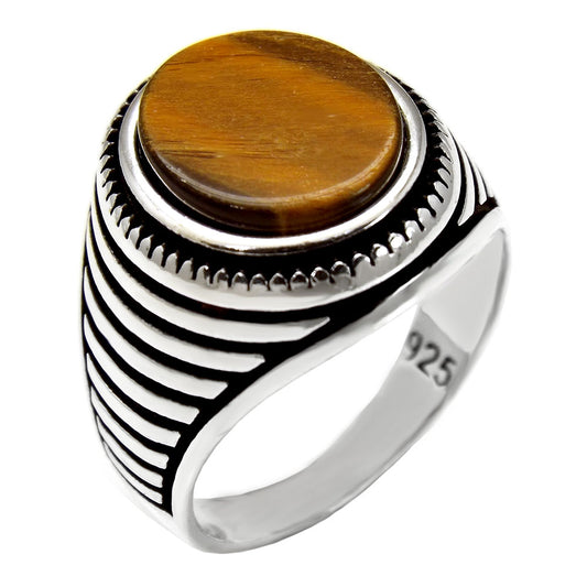 Sterling Silver 10 4 12 5mm Flat Oval Tiger Eye Men Ring