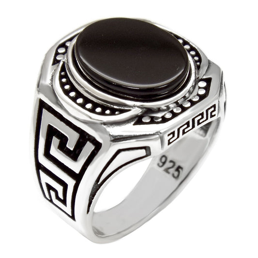 Sterling Silver Greek Key W Flat Oval Onyx Men Ring