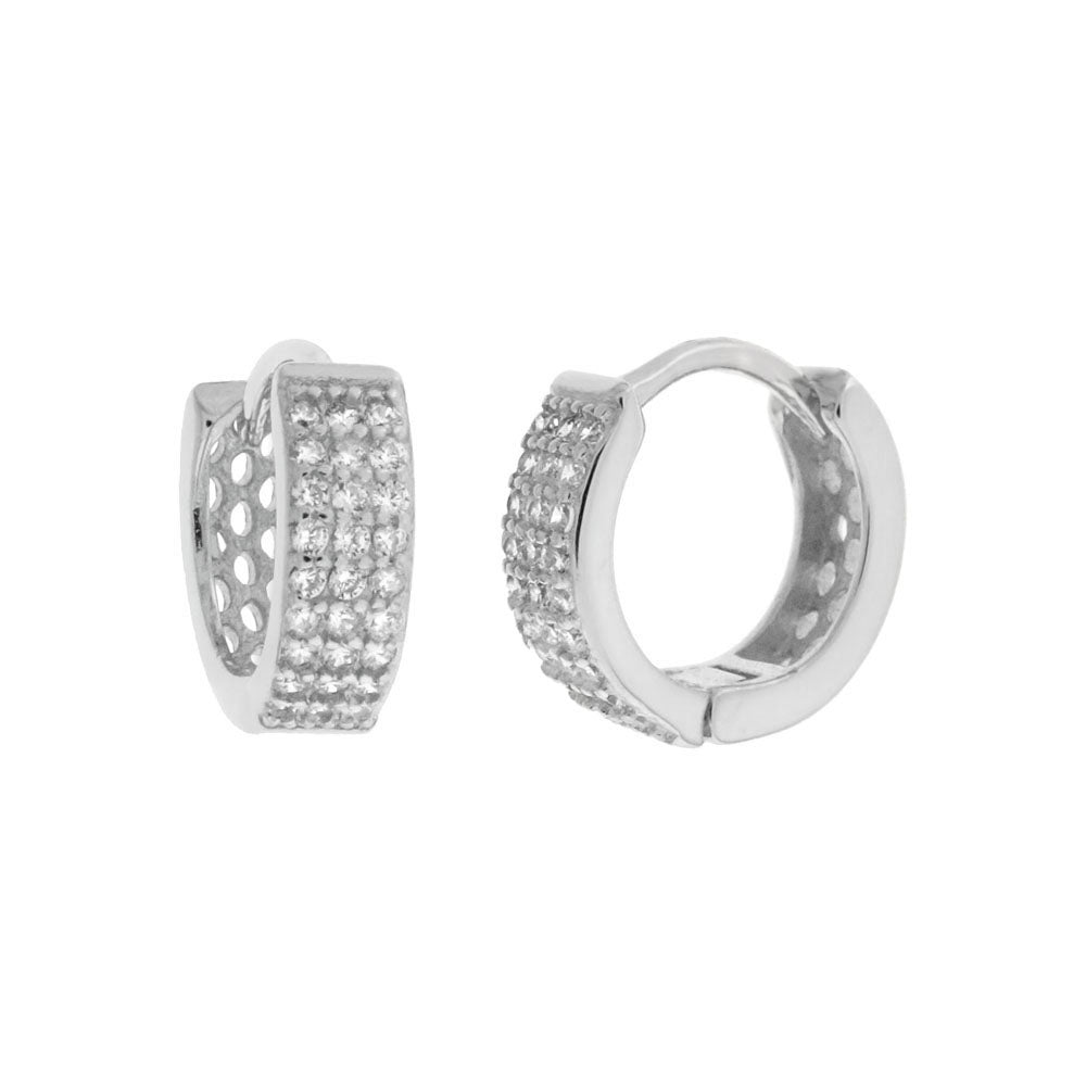 3 Lines Pave CZ Sterling Silver Rhodium Huggie Hoop Earrings