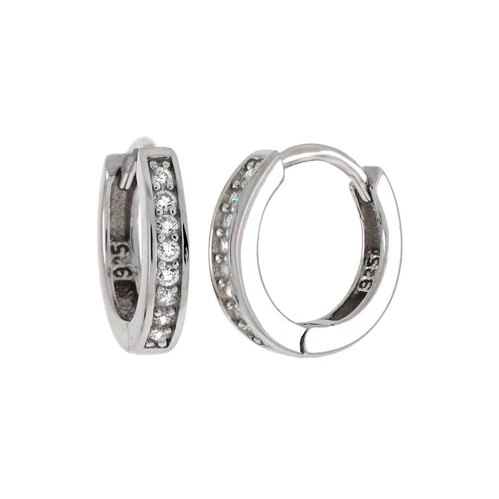 Sterling Silver Cubic Zirconia Huggie Rhodium Hoop Earrings