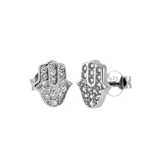 Sterling Silver Hamsa Hand Pave CZ Stud Earrings