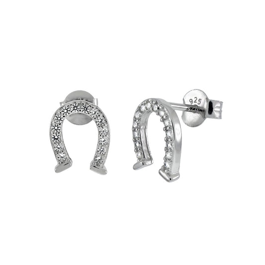 Pave CZ Horseshoe Sterling Silver Rhodium Stud Earrings