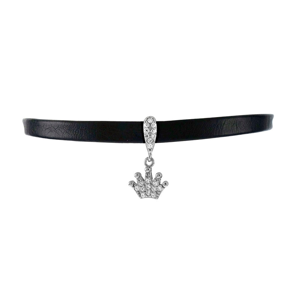 Pave Set Crown Pendant with Leather Choker Necklace