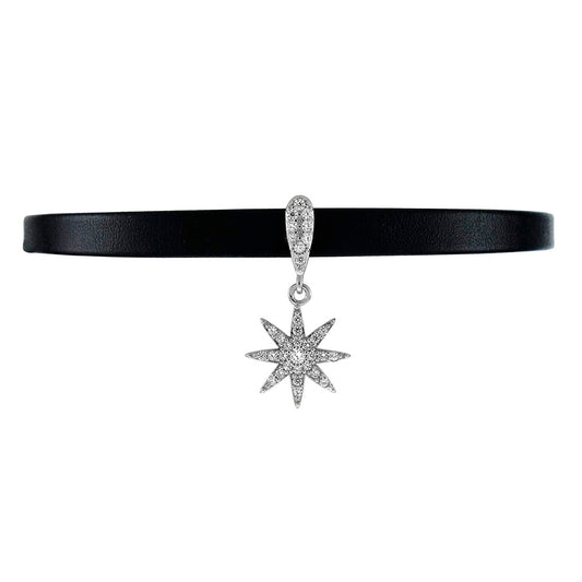 Sterling Silver Snowflake Pave CZ Pendant W Black Leather Choker Necklace