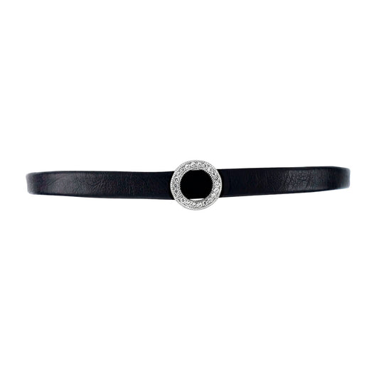 Sterling Silver Circle CZ Black Leather Choker Necklace