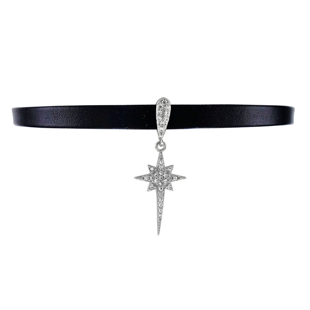 Sterling Silver Pave CZ Black Leather Choker Necklace