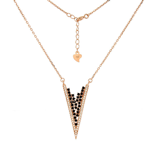 V Shape Black White CZ W Rose Gold Plated Necklace