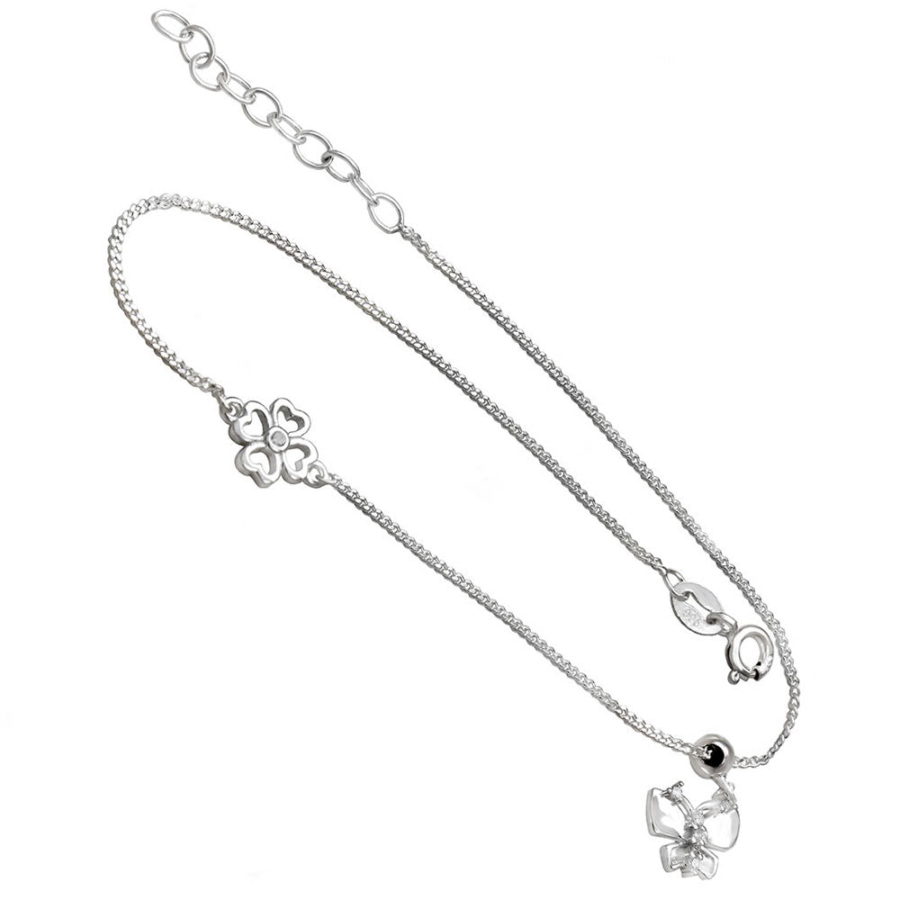 Thin Curb Chain W CZ Sliding Butterfly 4 Leaf Clover Anklet