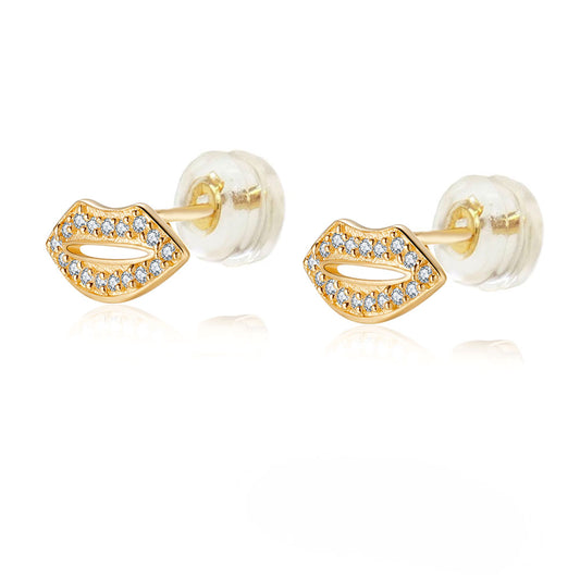 Micro pave CZ Lip Stud Earrings in 14K Gold W Silicone Backing