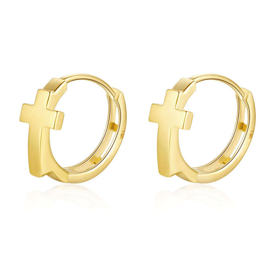 Simple Yellow Gold Cross Huggie Hoop Earrings