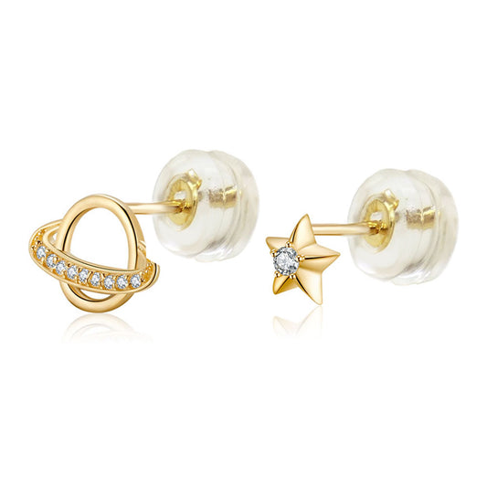 Micro Pave CZ Globe Star 14K Gold Stud Earrings W Silicone Backing