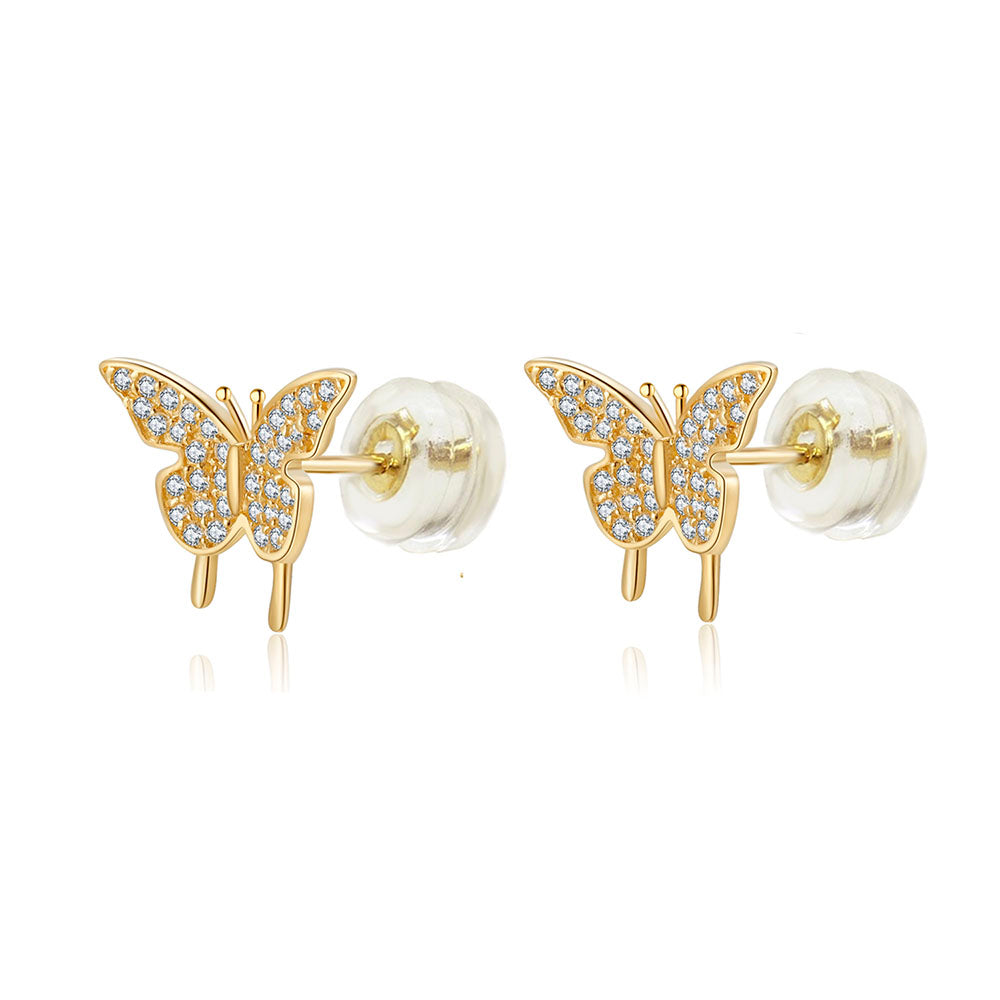 14K Gold Micro Pave Butterfly Stud Earrings