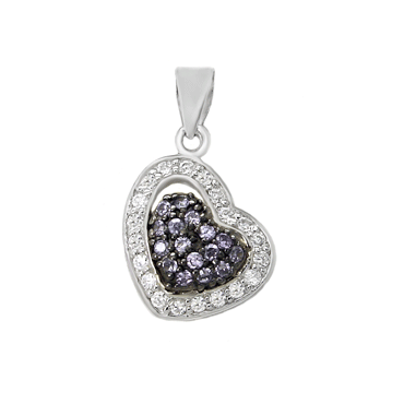 Sterling Silver Lavender Double Heart Clear CZ Rhodium Pendant