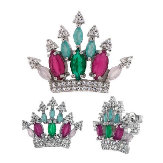 Multicolored Crown Earrings Pendant Set