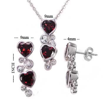 Sterling Silver Garnet Heart Set W Rolo Rhodium Chain
