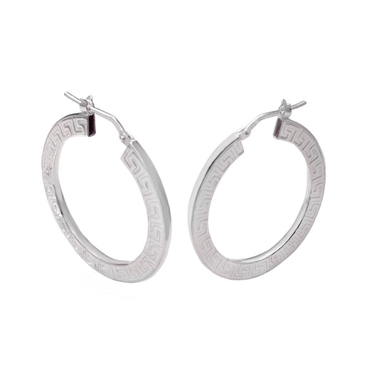 Italian Sterling Silver Flat Tube Greek Key Hoop Earrings