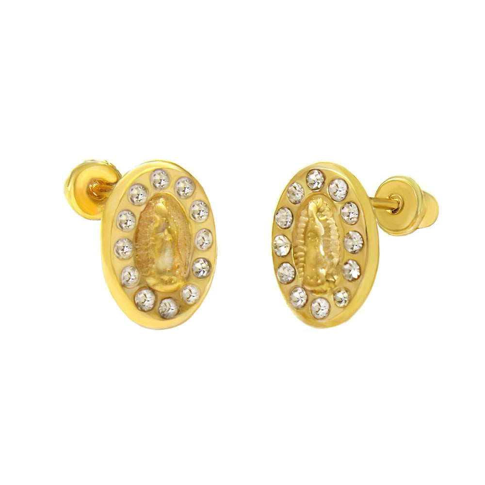 14K Gold Lady of Guadalupe Crystal Stud Earrings With Screw Back