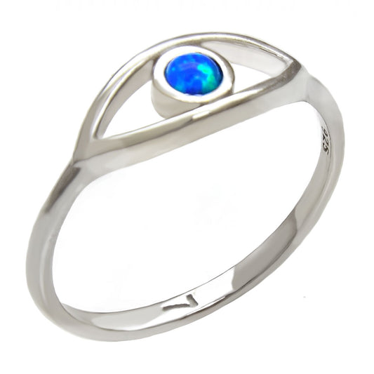 Sterling Silver Stimulated Blue Opal Evil Eye Rhodium Ring