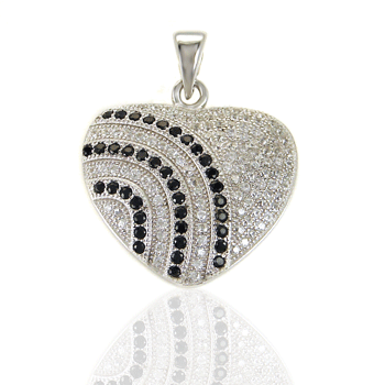 Sterling Silver Micro Pave Black White CZ Heart Pendant