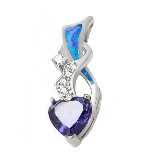 Sterling Silver Simulated Blue Opal W Tanzanite Heart Pendant