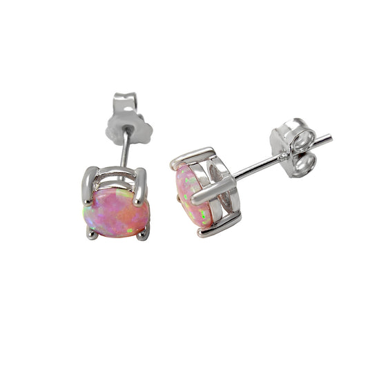 6mm Pink Lab Opal Rhodium Stud Earrings