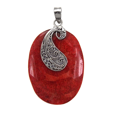 Sterling Silver Oval Red Coral Pendant
