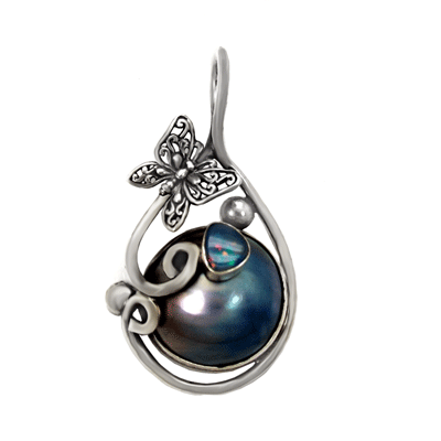Sterling Silver Gray Mabe Pearl W Genuine Opal Butterfly Pendant