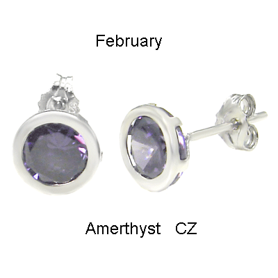 925 Silver 7MM Round CZ Amethyst Bezel Stamping Stud Earrings