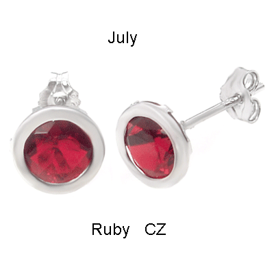 925 Silver 7MM Round CZ Ruby Bezel Stamping Stud Earrings