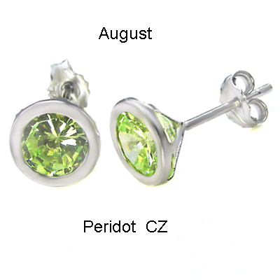 925 Silver 7MM Round CZ Peridot Bezel Stamping Stud Earrings