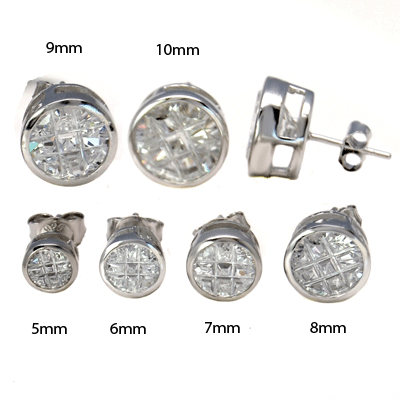 Sterling Silver Round CZ Invisible Cut Bezel Setting Stud Earrings