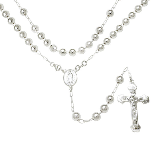 Sterling Silver 4mm Bead W Lady of Guadalupe Medal Rosary Necklace