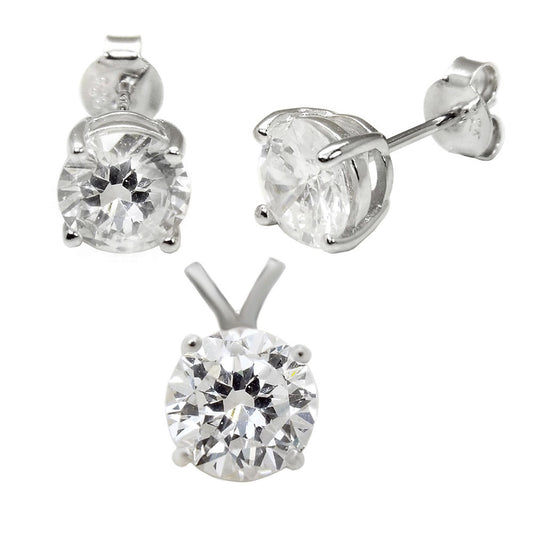 Sterling Silver Round CZ Earrings Pendant Set