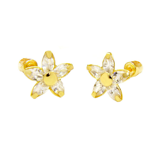 14K Gold Cubic Zirconia Star Flower W Screw Back Stud Earrings