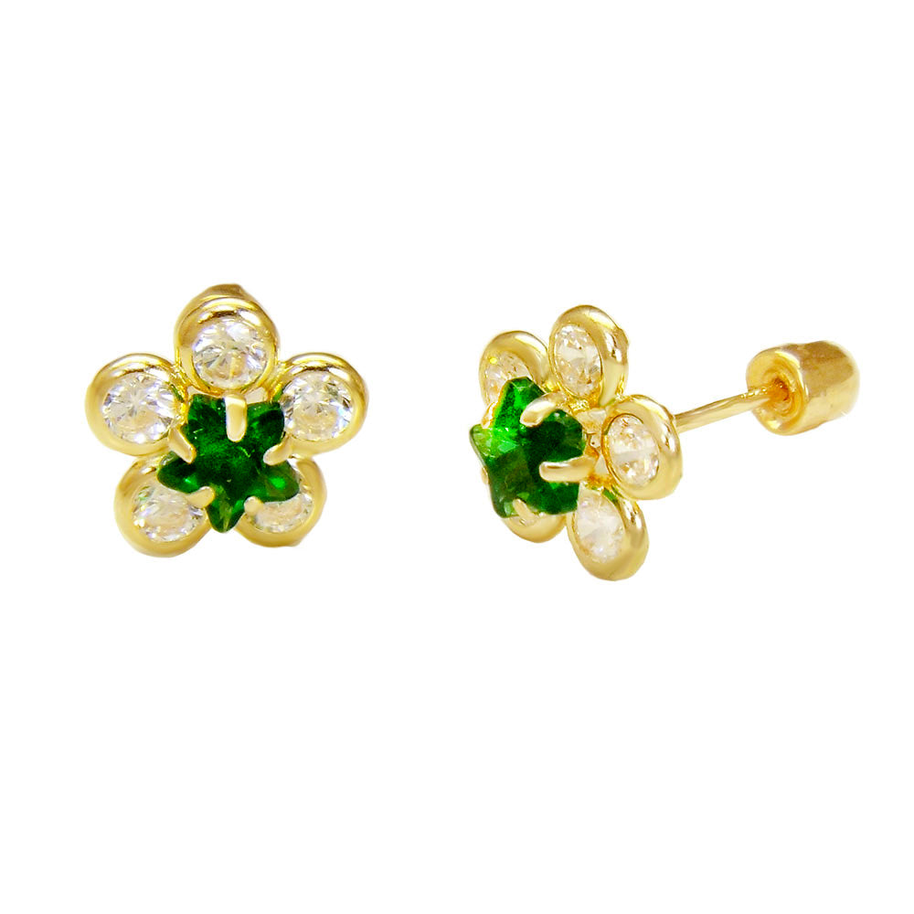 Emerald CZ Flower 14K Gold Screw Back Stud Earrings