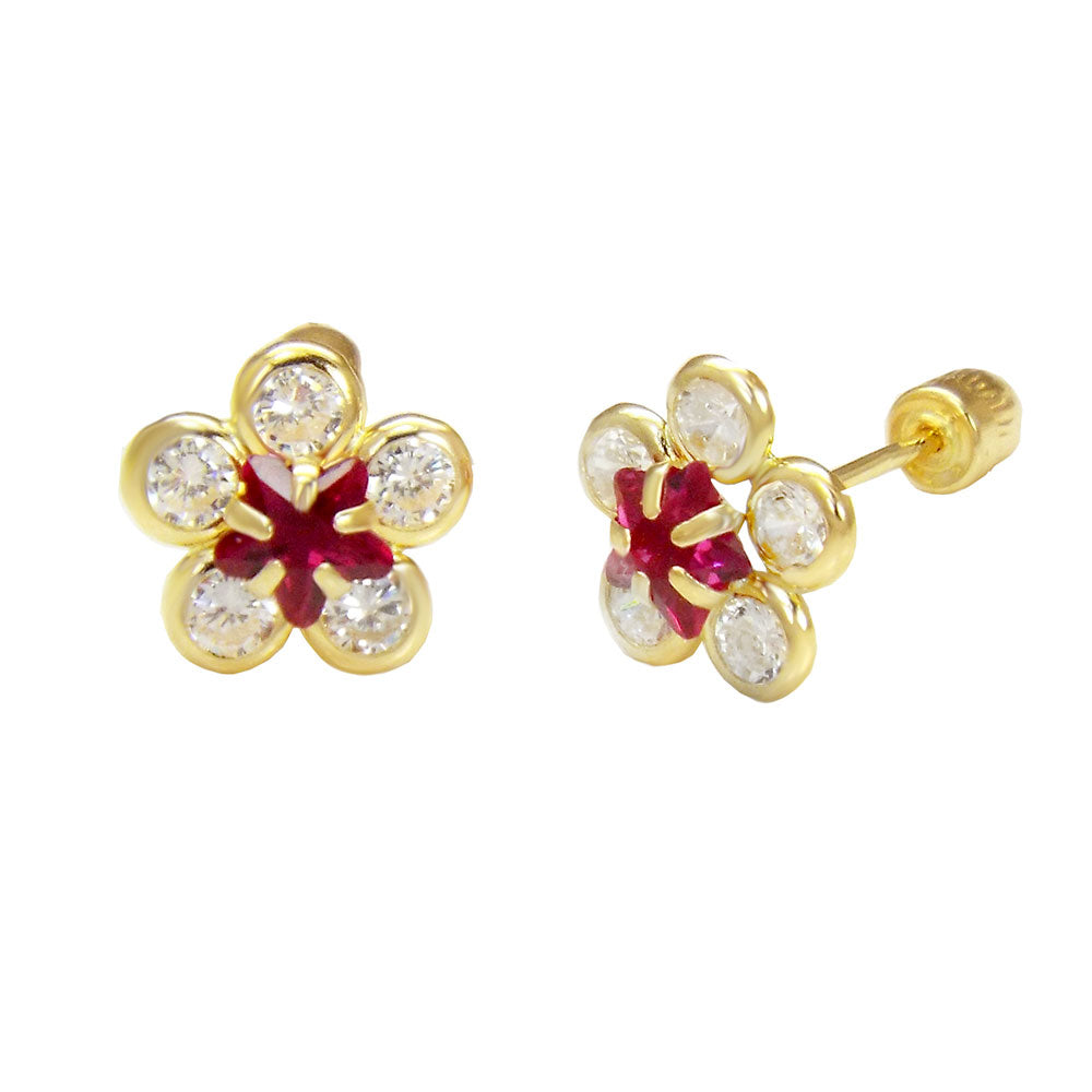 14K Gold White & Red CZ Flower Screw Back Stud Earrings