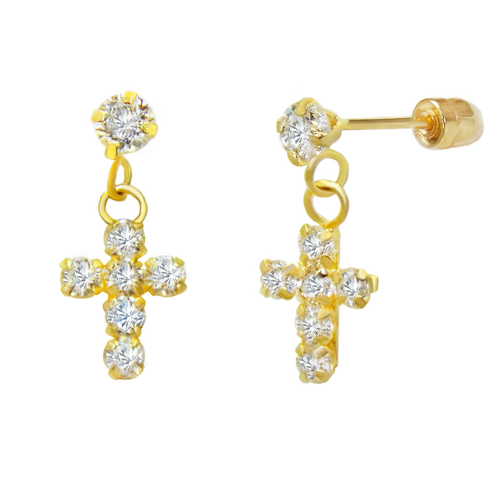 4mm Round CZ W Dangle Cross 14K Gold Earrings W Screw Back