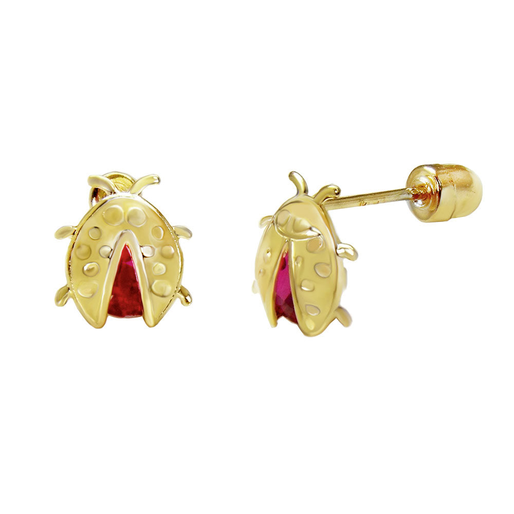 14K Gold Lady Bug Stud Earrings W Screw Back