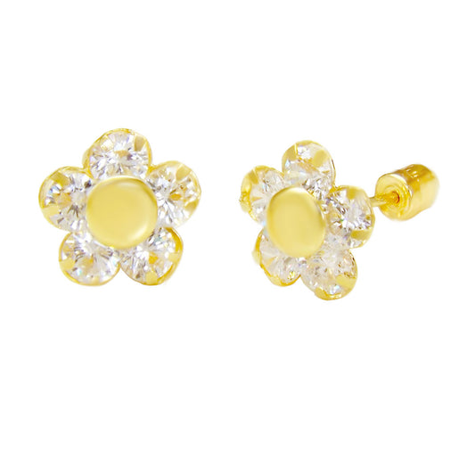 14K Gold Cubic Zirconia Flower W Screw Back Stud Earrings