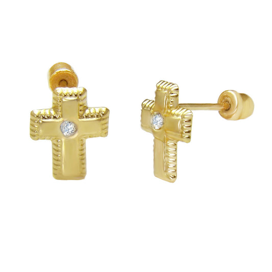 14K Gold Cross With Screw Back Stud Earrings