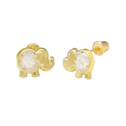 Elephant W Round CZ 14K Yellow Gold W Screw Back Stud Earrings