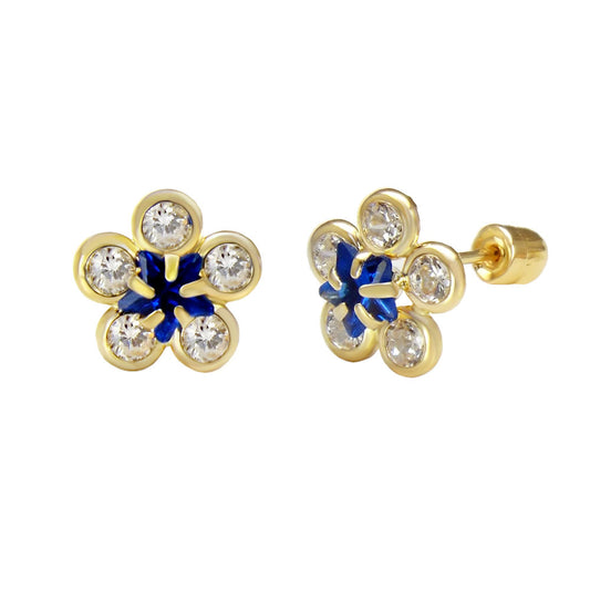 14k Gold Sapphire Blue Flower Stud Earrings