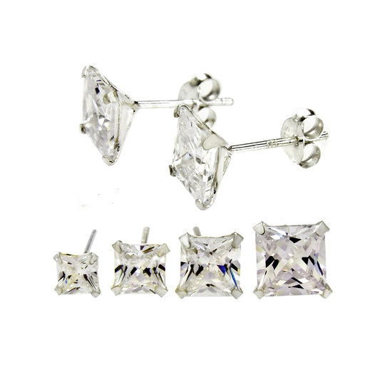 Sterling Silver Square CZ Stamping Stud Earrings