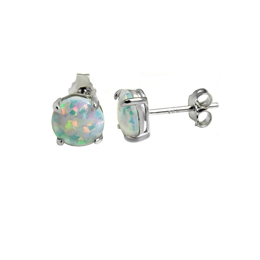 6mm White Lab Opal Rhodium Stud Earrings